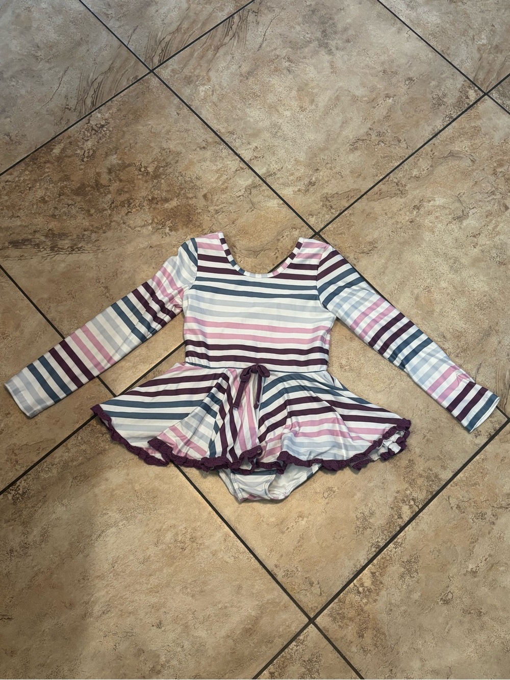 Girls Long-Sleeve Striped Leotard with Ruffle Hem